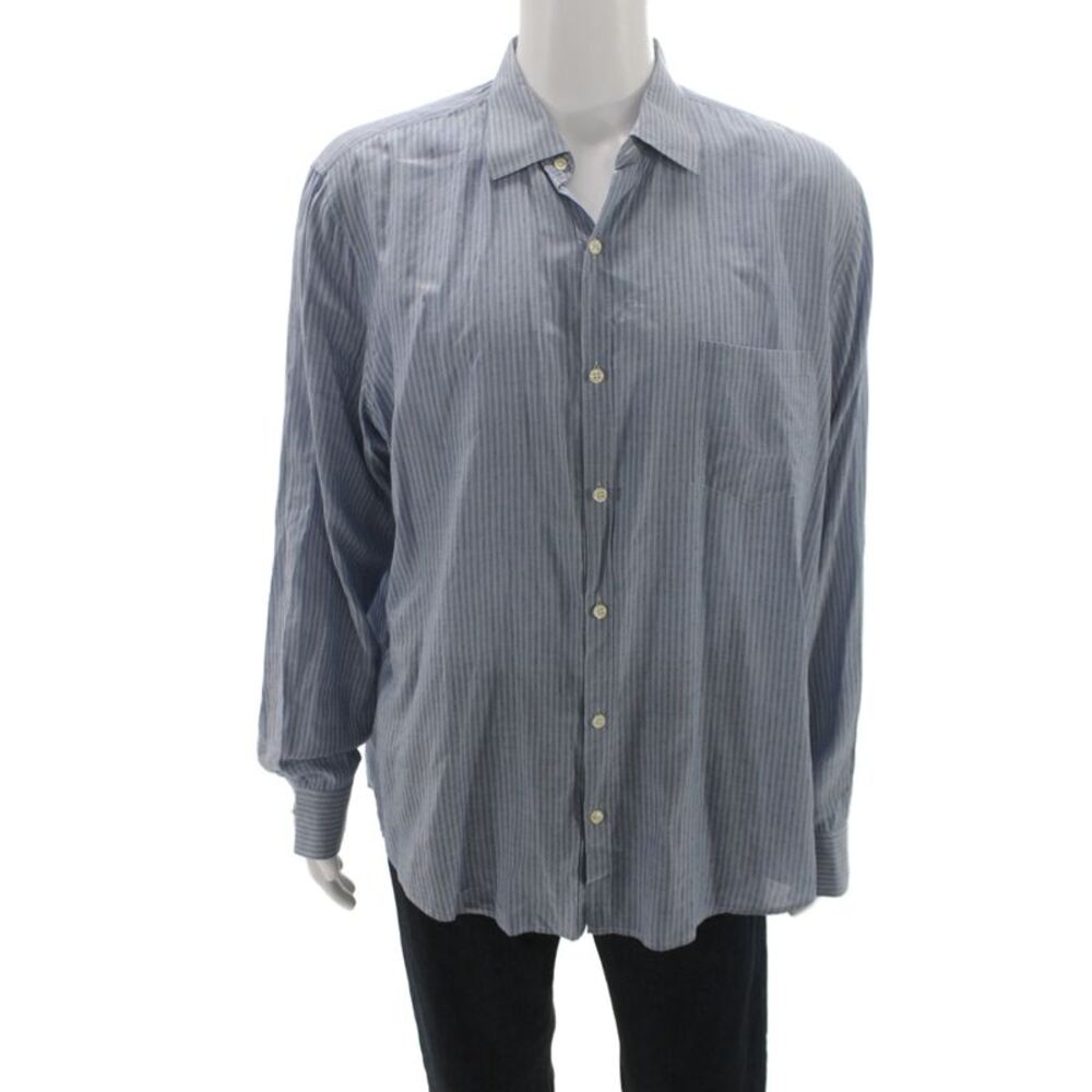 Vince Mens Cotton Striped Collared Button Down Shirt Blue White Size 2XL